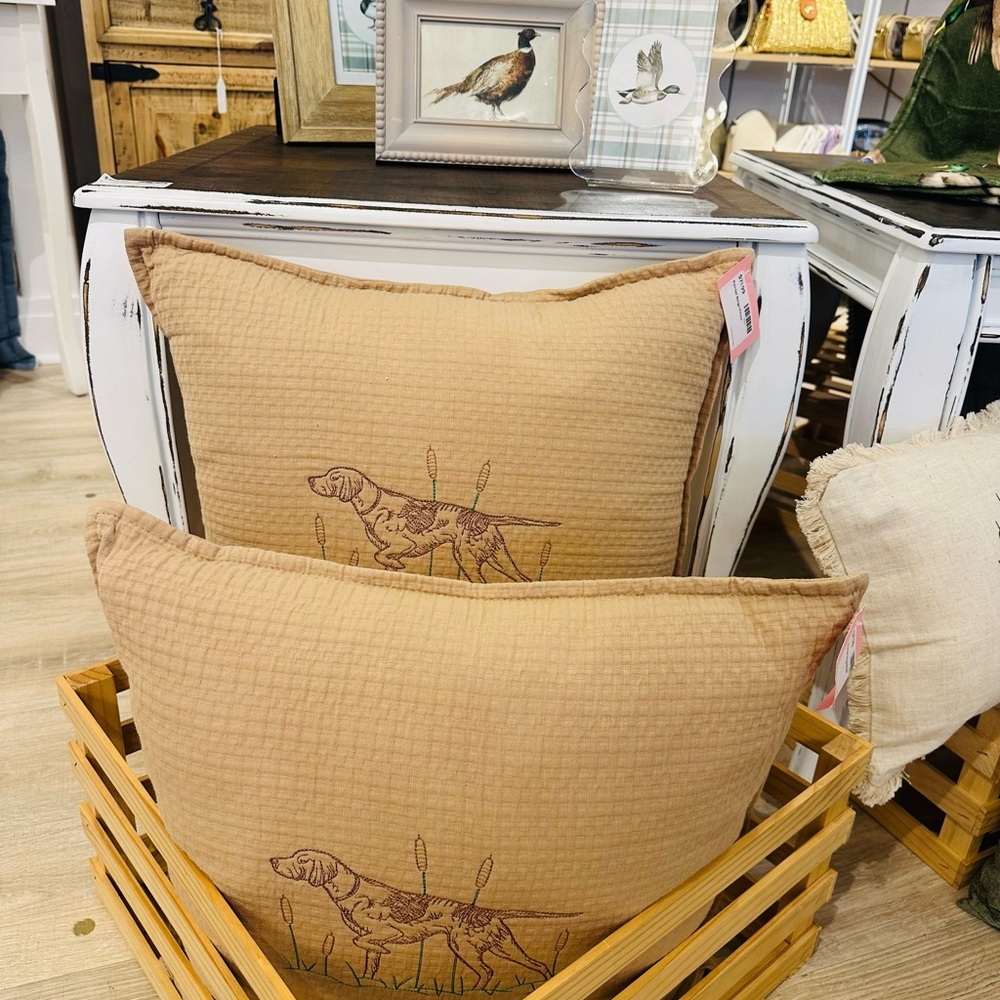 Not Rated Tan Accent Pillows with Dog Embroidery
